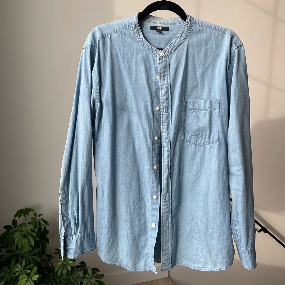 Uniqlo Denim Button Up Mandarin Collar Light Blue